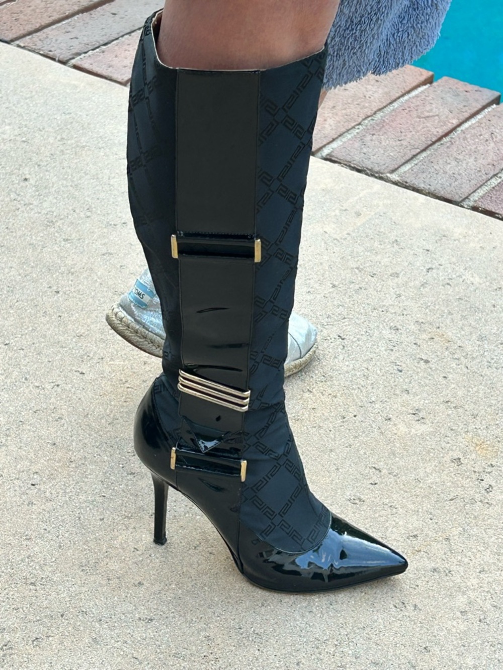 Versace Black Patent Leather Knee Boots with Gold Hardware